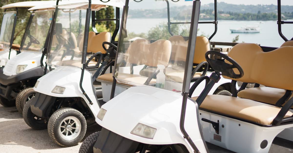 Several parked golf carts are shown outside. Toward the background, a large body of water with small boats is visible.