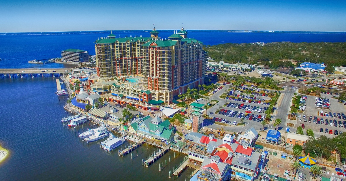 An aerial view of a part of Destin, Florida, featuring a wharf, pier, boardwalk, parking lot, and lots of businesses.